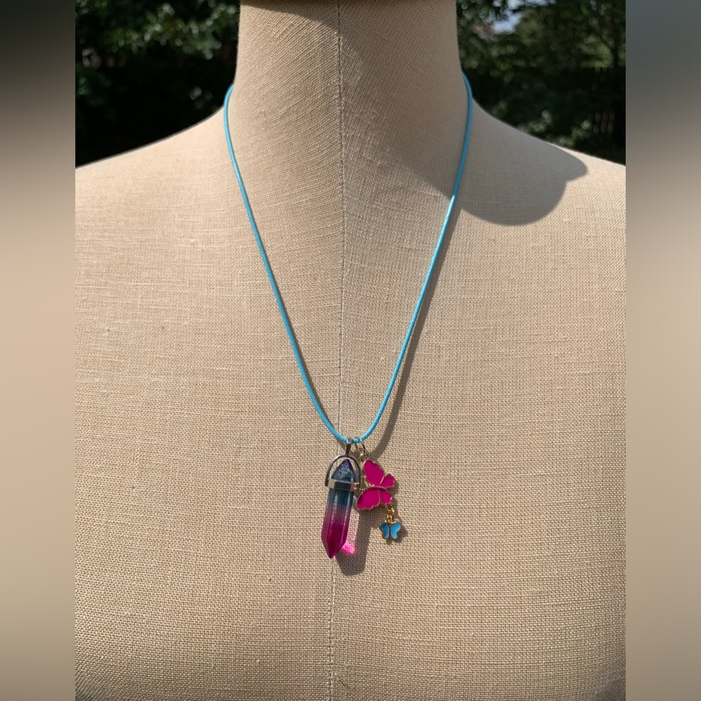 Handmade Cotton Candy Resin Crystal Amulet Necklace & Enamel Butterfly Charms - Picture 3 of 11